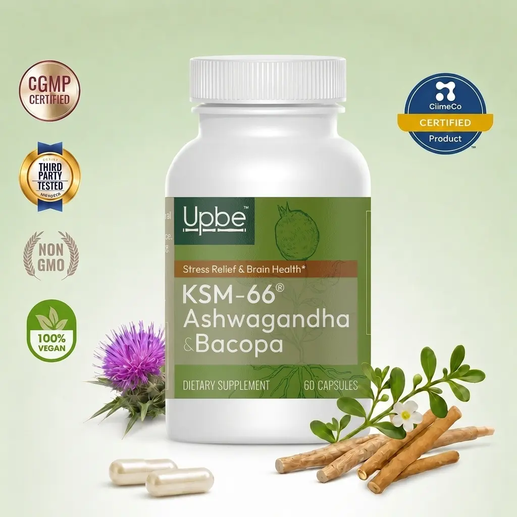 Upbe KSM-66 Ashwagandha + Bacopa + Milk Thistle Vegan Botanical Supplement, 3-in-1 Premium Strength Patented Plant-Based Capsules for Adults - Cortisol Support, Cognitive Function, Liver Health - 60 Count, No Artificial Flavors, Stress Reliever, Herbal We