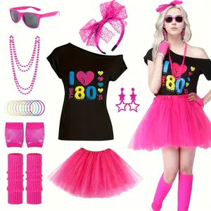 [Retro 80s Costume Set] 18pcs Retro Costume Set for Women - 80s Inspired Outfit with Lips Print T-Shirt, Tutu Skirt, Accessories - Neon Earrings, Necklace, Leg Warmers, Fishnet Gloves & Bracelet