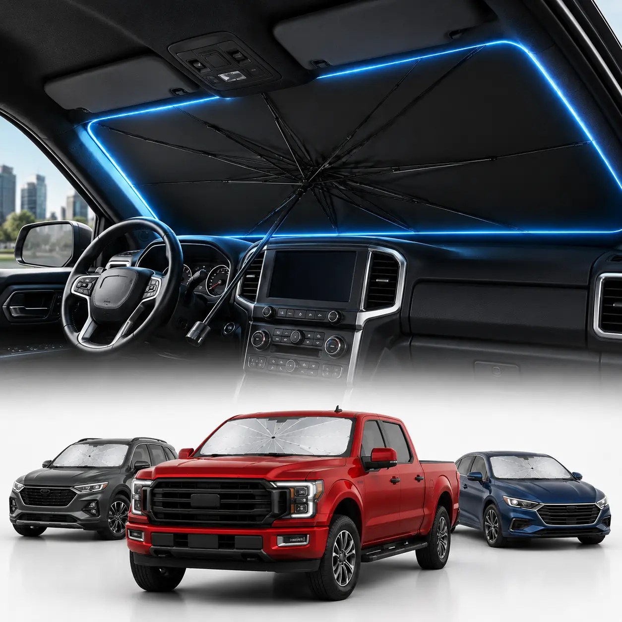 Car Windshield Shade Umbrella, Large Upgraded Reflective Foldable Pop-Up Auto Front Window Cover, 99% UVA-UVB Blocker, Heat Insulation, Cooling Anti-Aging Accessory for Sedan SUV, Portable Summer Automotive Interior Item