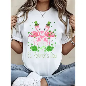St Patricks Day Flamingo T-Shirt With Green Hat And Shamrock Design For Women Casual Summer Top Celebrate Irish Festival Fun Pink Birds And Hearts Print White Tee Shirt For St Patricks Day Party Wear