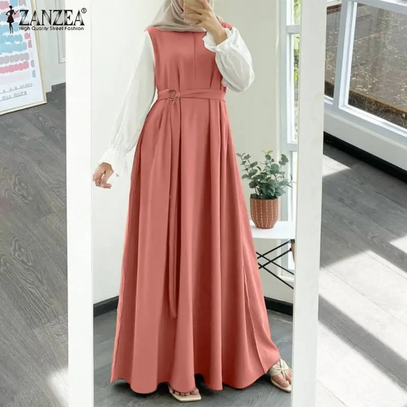 ZANZEA Women Muslim Abaya Maxi Dress Casual Solid Patchwork Long Sleeve Belted Vestidos Kaftan Clothing Vintage Sundress Robe