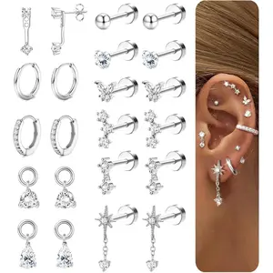 YADOCA Hypoallergenic Silver Flat Back Earrings for Women - 14K plated Gold Plated Surgical Stainless Steel Earring Stacks Set | Small Stud & Hoop for Cartilage Helix Tragus Piercing Jewelry Comfort Gift