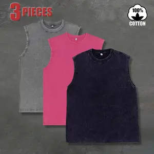 Men’s 3-pack washed vintage tank tops—American retro, trendy, casual athletic, versatile sleeveless T-shirts; American street-style staple for everyday wear, sports/fitness, and layering.