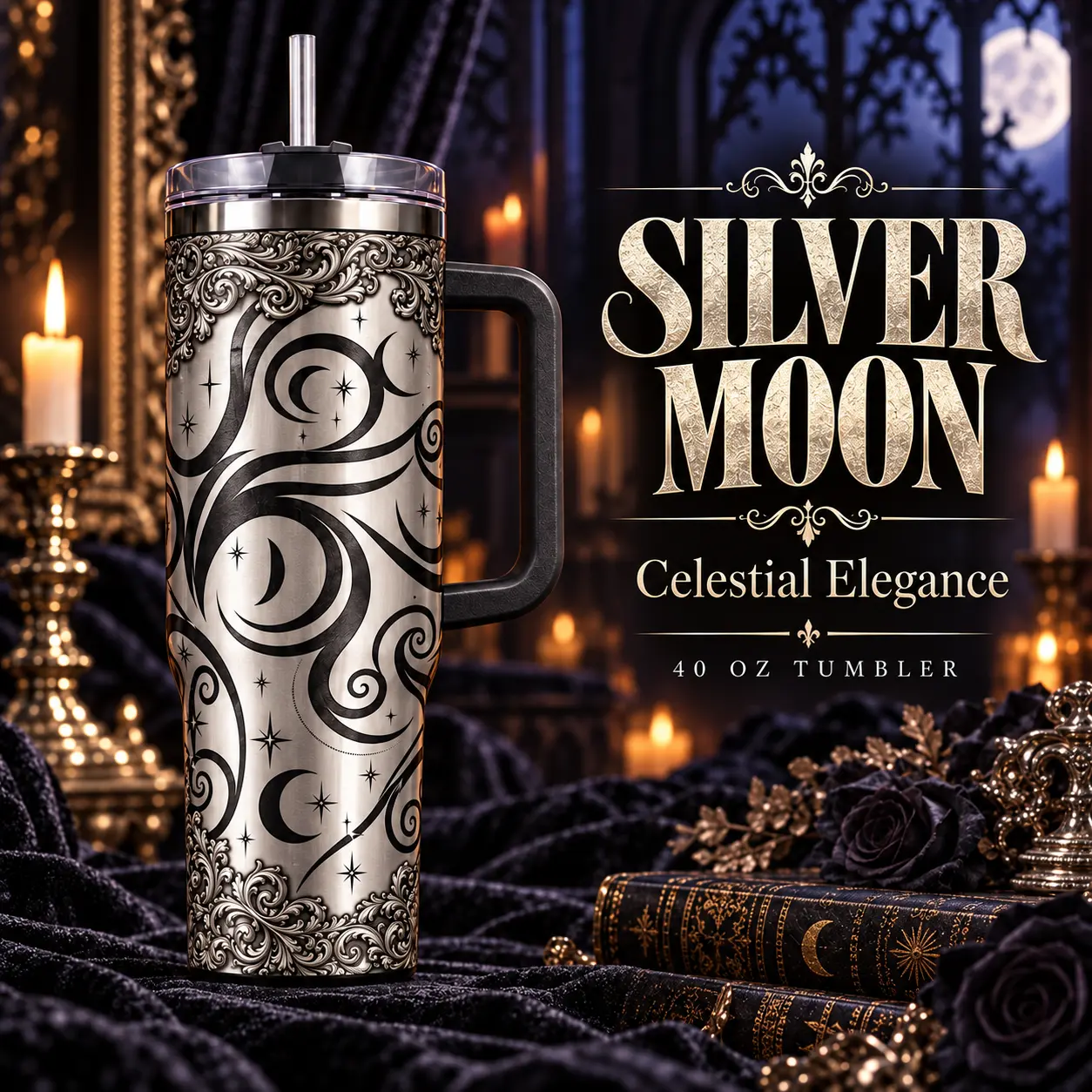 Silver Moon Tumbler 40oz, Black and Silver Celestial Moon and Stars Print, Gothic Travel Cup with Handle and Straw, Witchy Gift for Her
