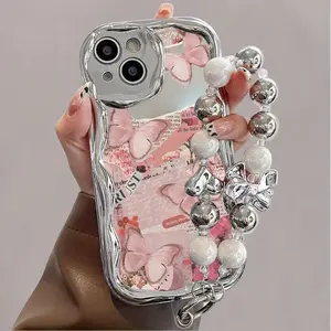 Pink Newspaper Butterfly Pattern Equipped with Pearl Bracelet Lanyard Fashionable Design Men'S And Women'S Protective phone cases Suitable for Iphone 16 15promax 14plus 13 12 11