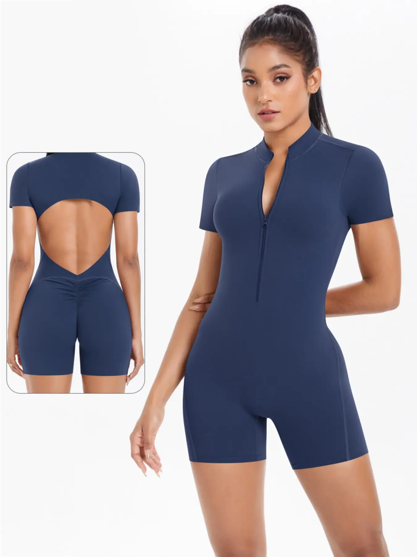 Women's Zipper Backless Yoga Jumpsuit, Short Sleeve Shorts, Tight-Fitting Gymnastics, Pilates Fitness Clothing, Stretchy Jumpsuit, Backless Sports Jumpsuit, Workout Jumpsuits, Sporty Jumpsuit