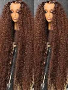 Chocolate Brown Deep Curly Human Hair Wig 13x6 Hd Transparent Lace Frontal Deep Wave Wig Colored Water Wave 13x4 Lace Front Wig for Women 30 34 Inch Natural Hairline Loose Deep Wave Wig TikTokShop SummerVibes
