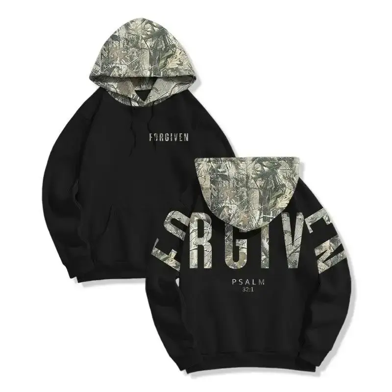 Vintage Forgiven Psalm 32:1 Dead Leaves Camouflage Hoodie for Men and Women, Christian Bible Verse Camo Print Fleece Hooded, Trendy 3D Hoodie, Realistic Print Sweatshirt, Cool Unisex Fashion Top