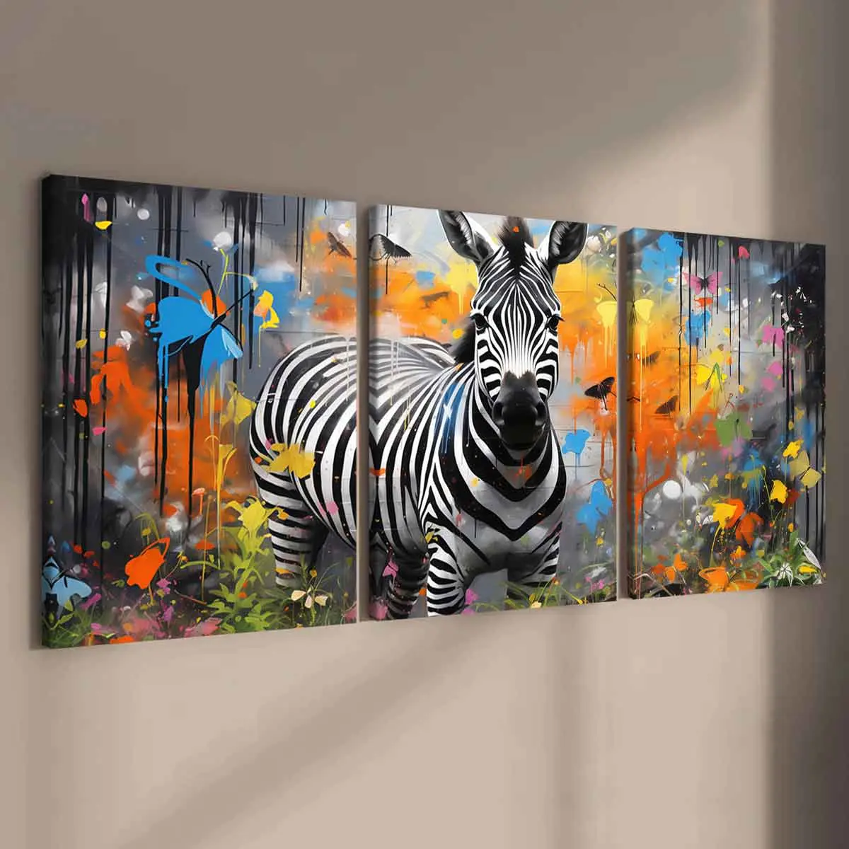 3-Piece Zebra Print Canvas Art Set, Solid Wood Framed Graffiti Animal Posters, Butterfly Pattern Design, Modern Home Decor Wall Art, Waterproof HD Prints