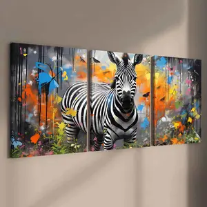 3-Piece Zebra Print Canvas Art Set, Solid Wood Framed Graffiti Animal Posters, Butterfly Pattern Design, Modern Home Decor Wall Art, Waterproof HD Prints