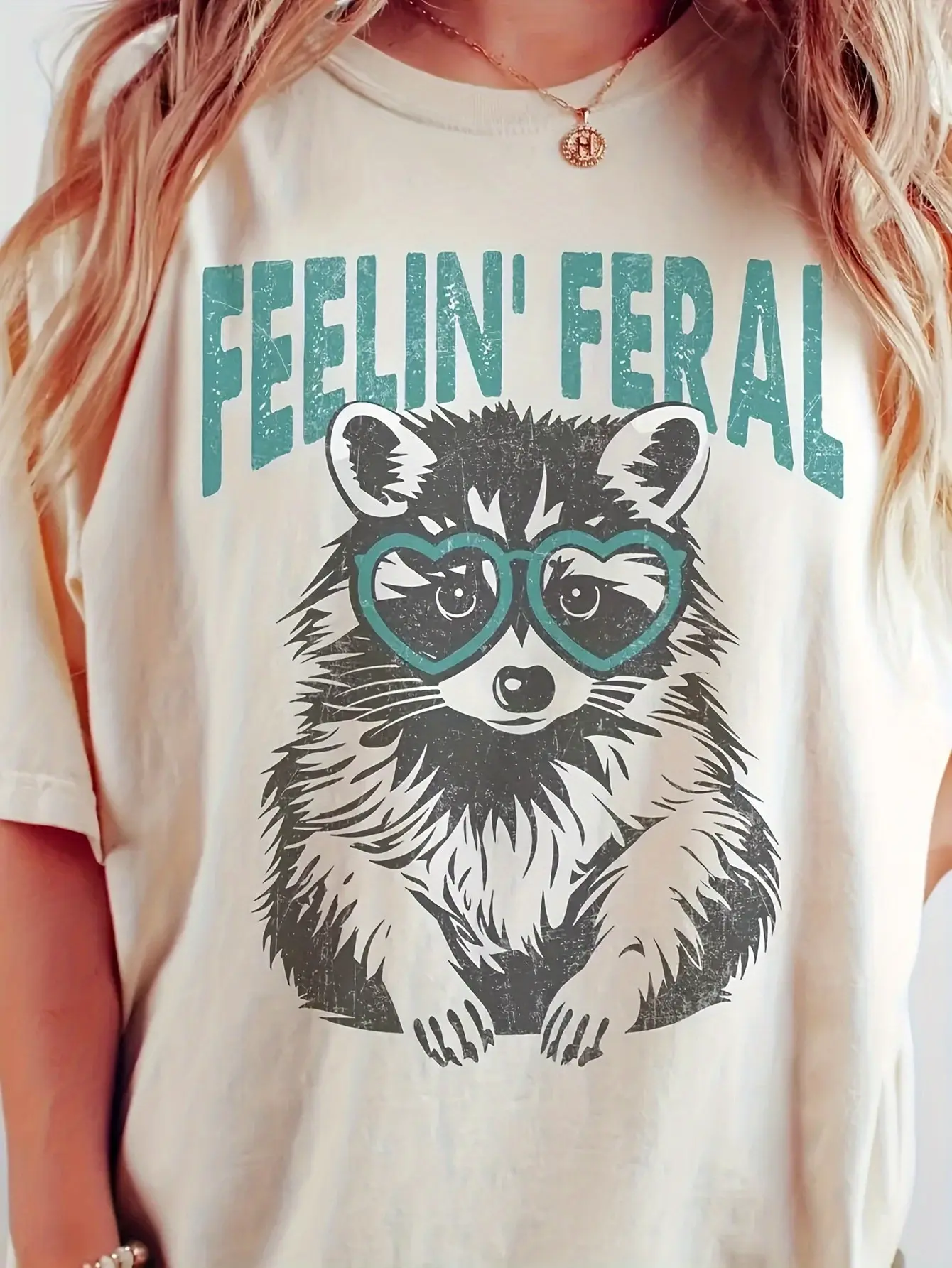 Women's Casual Short-Sleeve T-Shirt with Playful Raccoon & Heart Glasses  Light Beige Breathable Fabric, Relaxed Fit, Machine Washable, Cute T Shirts, Trendy Top, Comfortable Fit, Printed Shirt, Fashion Lovers, Spring Outfit,Streetwear Fans