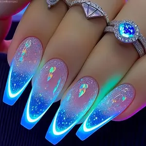 24pcs Long Coffin Press On Nails For Women Girls Glow Neon Blue Ombre Glitter Aurora Rhinestone Accents Fake Nails Y2K Cyber Mermaidcore Aesthetic Summer Beach Wear