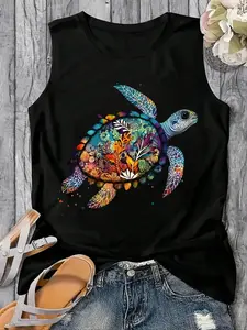 Women's Slim-Fit Upac Letter Turtle Print Round Neck Knit Tank Top, Casual Thin Fabric for Summer, Stylish Ladies Sleeveless Shirt