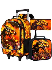 3pcs Fire Dragon Rolling Backpack Set for Boys, Cool Flame Dragon Print Wheeled School Backpack, Insulated Lunch Bag & Pencil Case