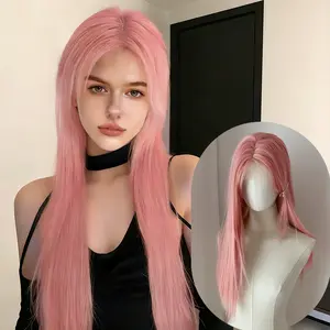 Lotfon Women's synthetic full head wig, pink long straight hair, adjustable inner cap, lightweight and breathable, simulating scalp on the top of the head, natural and realistic, suitable for daily wear and role-playing, instantly changing your style