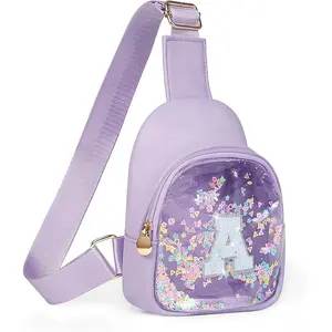 L-BN068   Top Coolest Birthday Gifts for 2 3 4 5 6 7 Year Old Girls Travel Trip Favors, Small Mini Purple Sling Bag Crossbody Chest Purse for Little Girl Kids Child Monogrammed Initial Letter A