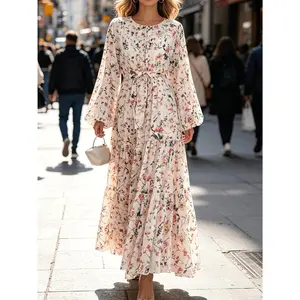 Women's Middle Eastern Muslim Chiffon Floral Print Long Dress