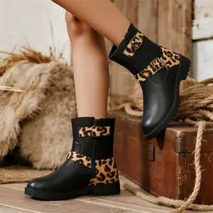 Womens Leopard Print Boots Black Leather Stretch Ankle Boots Low Platform Round Toe Design Casual Riding Work Walking Shoes NonSlip Waterproof