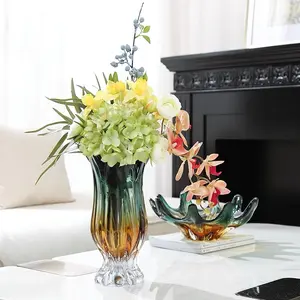 Green Gold Glass Vase Set with Fruit Bowl - Elegant Floral Design Ombre Effect Ribbed Tulip Shape for Home Decor Ornaments 6.2 x 14.1 in Vase 15.3 x 5.1 in Bowl