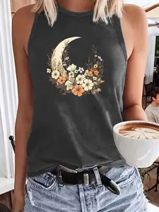 Moon Flower Print Floral Tank Top, Summer Casual Round Neck Vest, Women's Sleeveless Loose-Fitting Knitwear, Fashionable Ladies' Clothing