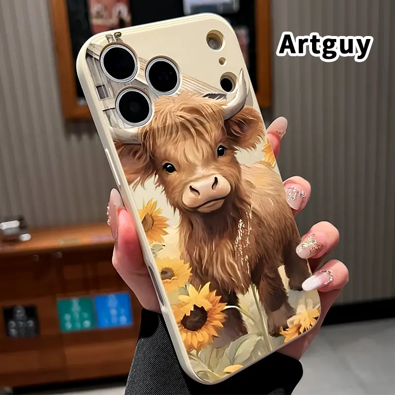 Straight Edge Phone Case for iPhone 17 16 Pro Max 15 Plus 14 13 12 11 Air XS XR E Barn - cow - sunflowers Pattern Drop Protection Shockproof Soft Silicone smartphone Cover