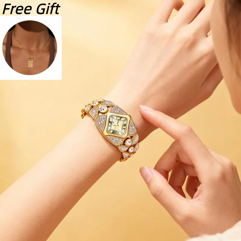 Women's Stainless Steel Quartz Watch - 30m Water Resistant, Full Diamond Bangle Design, Bling Diamond Accent Gold Accented Sparkle All Day Fashion Wrist Watch, Elegant Jewelry Gift, Bling Wrist Watches