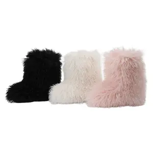 Women's Faux Fur Boot Furry Fluffy Short Snow Boot Mid-Calf Warm Comfortable Outdoor Flat Shoes Black Fur Boots
