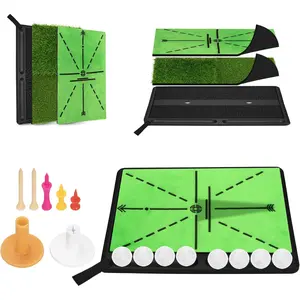 Golf Hitting Mat with Curved Ball Tray, 3-in-1 Golf Practice Mat, Fairway Rough Putting Surfaces, Non-Slip Rubber Base, 16 x 14 Inch Portable Golf  Mat,  Idea
