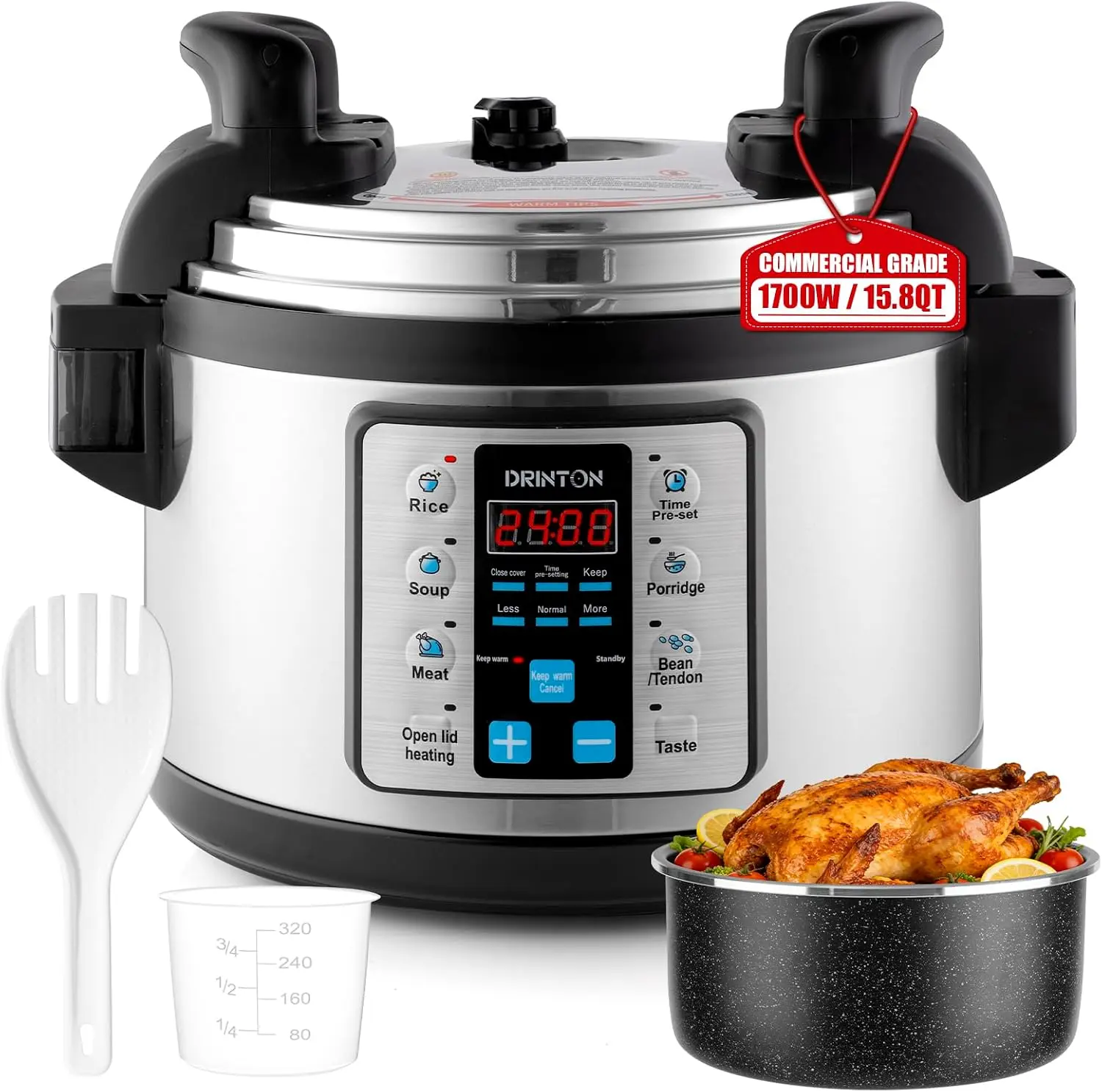 Commercial Pressure Cooker, 15 Liter/15.8 Quart Large Pressure Cooker with 5 Preset Functions, 1700W Electric Pressure Pot Stainless Steel Canner with 24H Timer for 25-35 People Use