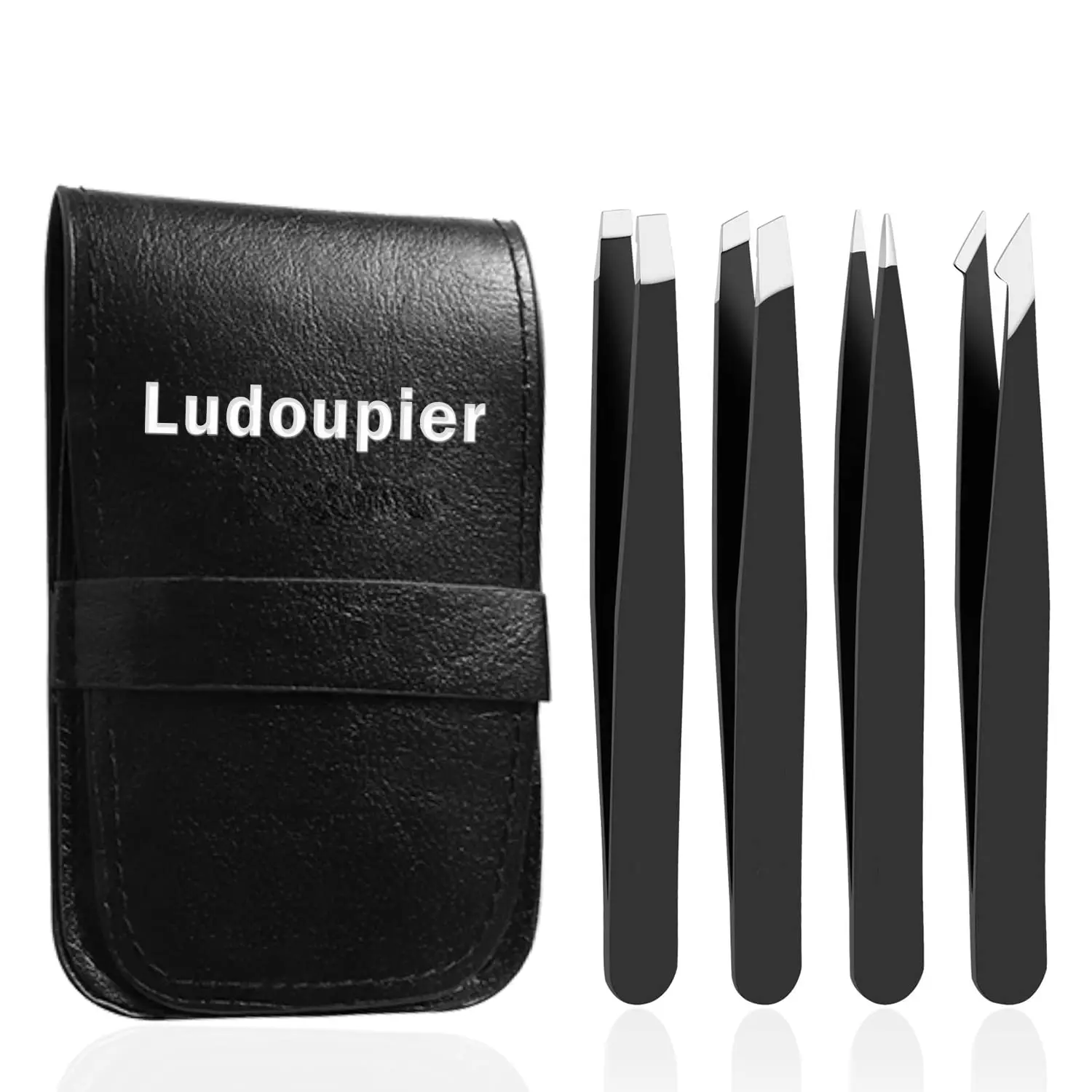 LUDOUPIER 4+1-Piece Anti-Rust Stainless Steel Tweezers Set with Travel Case, Precision Cosmetic Tool for Eyebrow Grooming, Facial Hair Removal