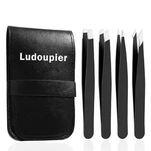 LUDOUPIER 4+1-Piece Anti-Rust Stainless Steel Tweezers Set with Travel Case, Precision Alloy Cosmetic Makeup Tool for Daily Eyebrow, Facial Hair Removal & Ingrown Hair Extraction