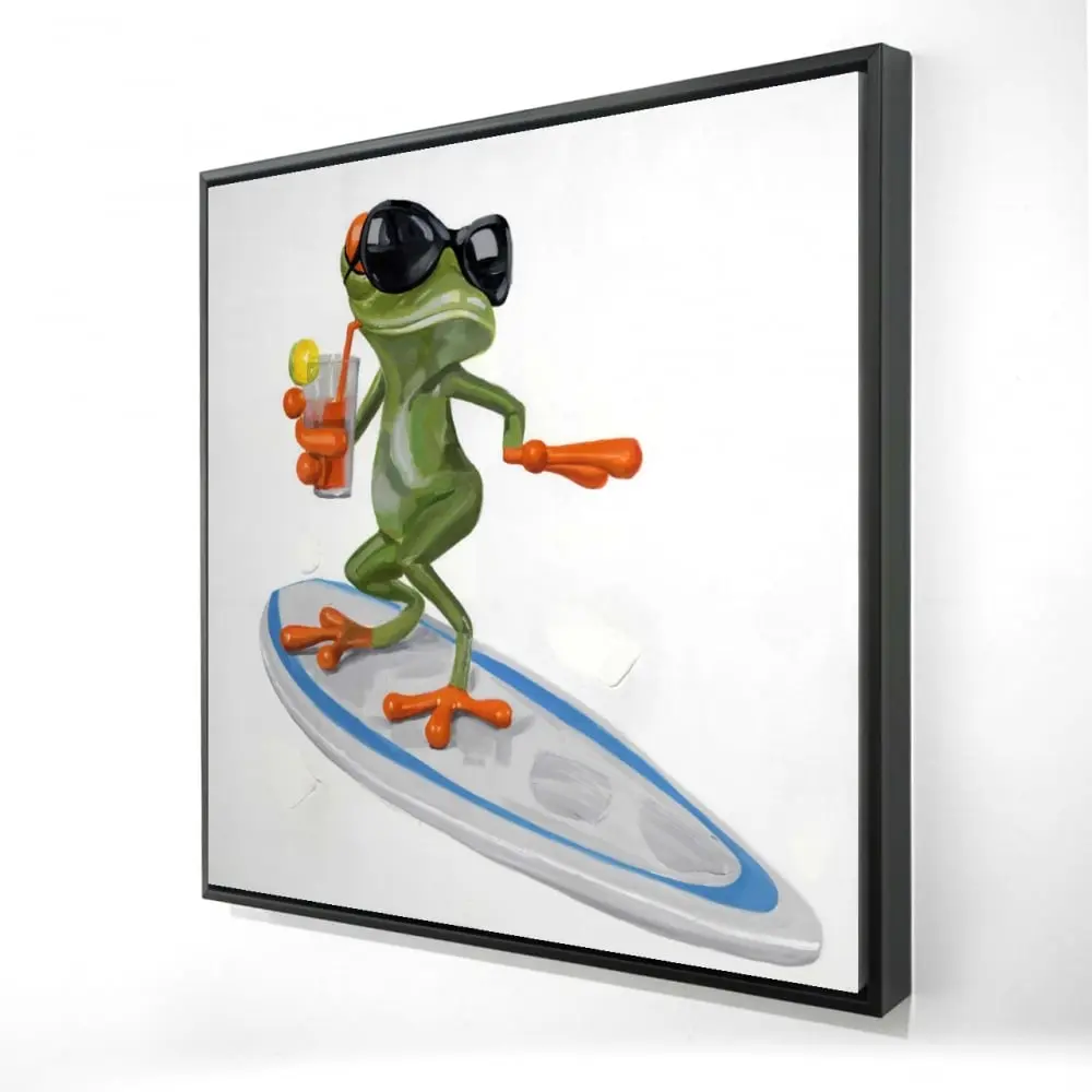 212 MAIN Whimsical Colorful Artistic Frog Surfing Wall Print - 24x24in Green Border Framed Contemporary Nature Artwork, Home Decor Wall Art for Rooms, Home Supplies Poster