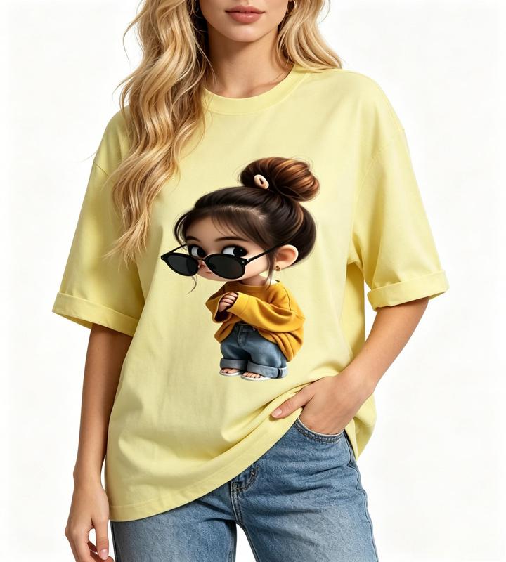 Women's Yellow Cotton Lightweight Crew Neck Graphic Print Loose-Fit Oversized Casual Tshirt - Cool Girl with Sunglasses Design, Comfortable Daily Top