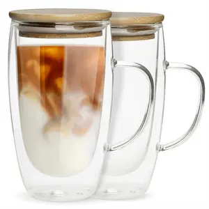 Chef's Unique Double Walled Glass Coffee Mugs,Insulated Coffee Mugs With Handle And Bamboo Lid