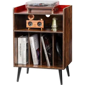 VEVOR Record Player Stand with LED Light, 3 Tiers Turntable Stand with Charging Station & USB Ports, Holds up to 150 Albums, Vinyl Record Storage Cabinet with Display Shelf for Bedroom, Living Room