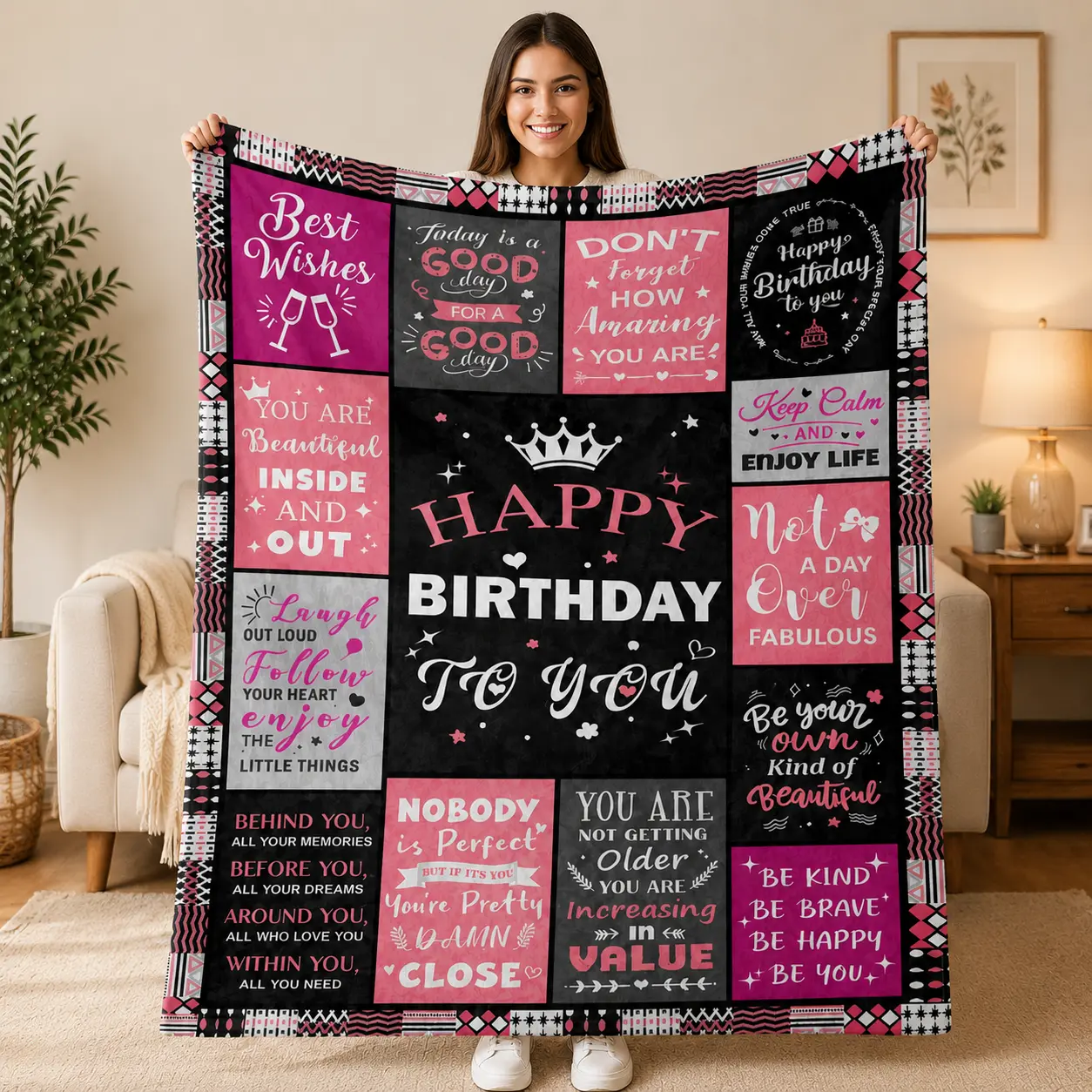 Birthday Gift Blanket for Women, Happy Birthday Throw Blanket with Inspirational Messages, Soft Flannel Fleece Blanket for Mom Wife Daughter Sister Best Friend, Cozy Home Decor Gift for Her