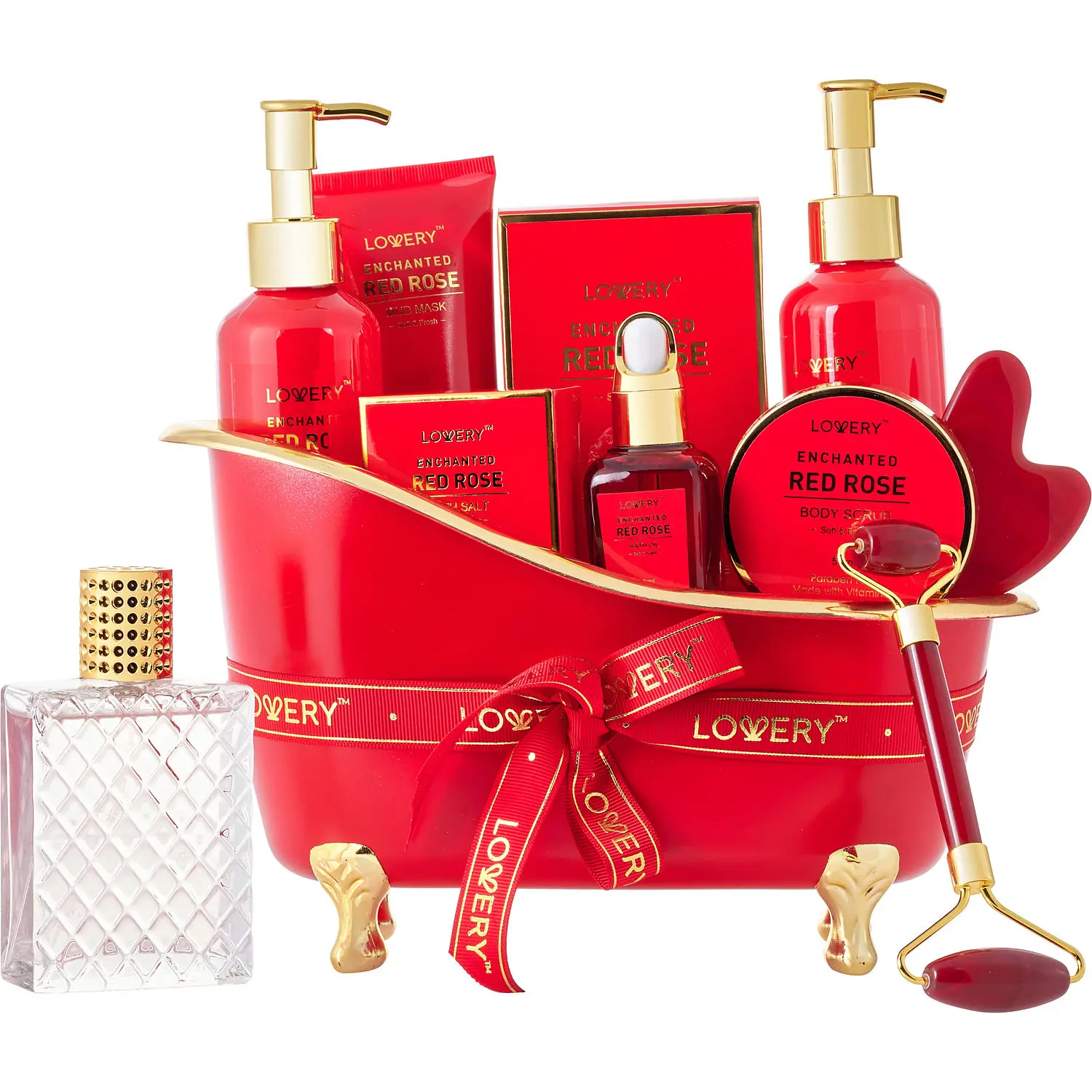 Lovery Red Rose Set-Eau De Parfum Spray 2.5 Oz & Shower Gel 5 Oz & Bubble Bath 5 Oz & Body Scrub 1.69 Oz & Bath Salt 3.5 Oz & Mud Mask 3.38 Oz Bath Oil 1 Oz & Face Roller & Gua Sha Stone & Red Tub & Gift Note For Unisex