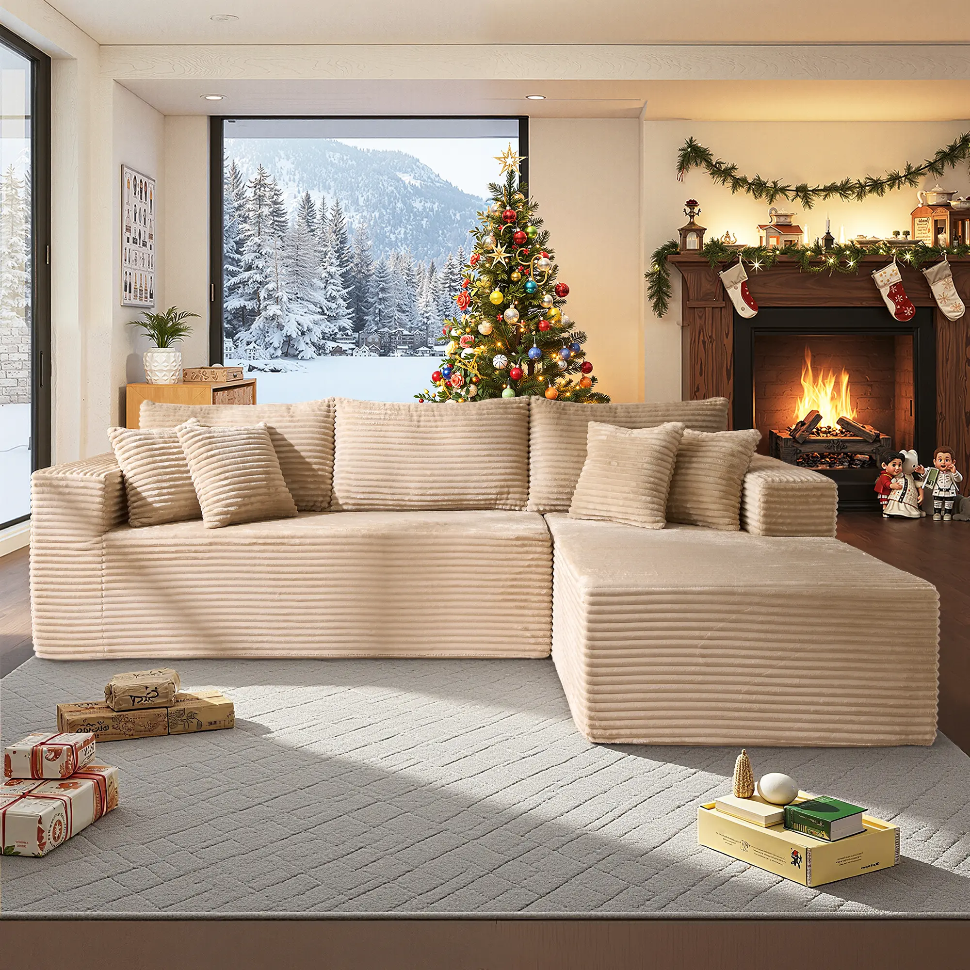 Beige Corduroy Right Chaise No Ottoman