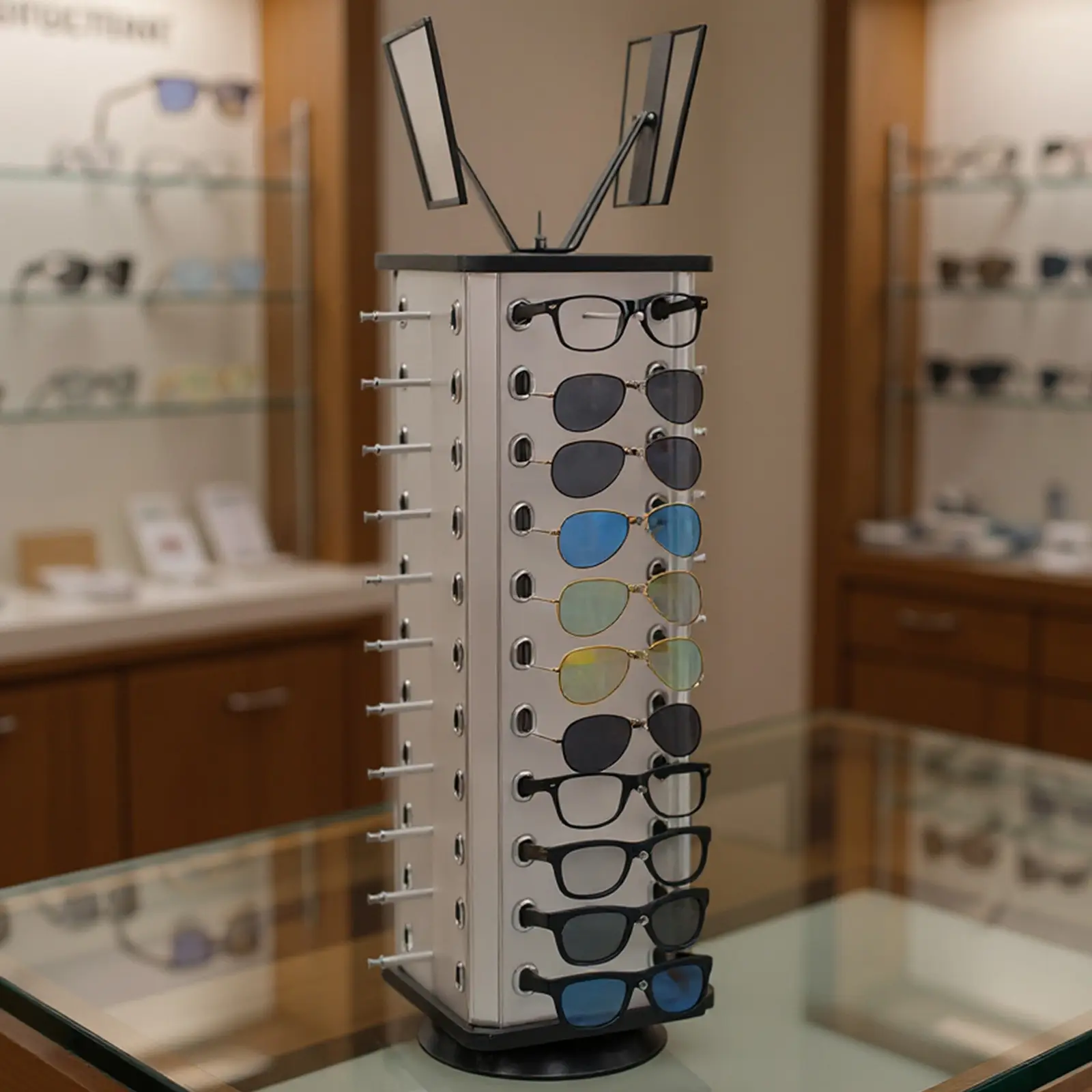 Aluminum-Plastic Rectangle Sunglasses Collector Display, 4-Level 360° Swivel Adjustable Rack with 23cm Diameter Base, 44-Pair Capacity, Mirrored Top, Easy-Installation Chic Elegant Organizer for Retail/Home Use, 360 Swivel Racks & Displays, Chic Racks & D