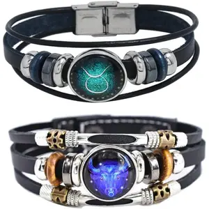 2 Multilayer Constellation Zodiac Leather Bracelet Handmade Woven Zodiac Sign Wrap Bracelet Wristband for Women Men  Birthday Gift