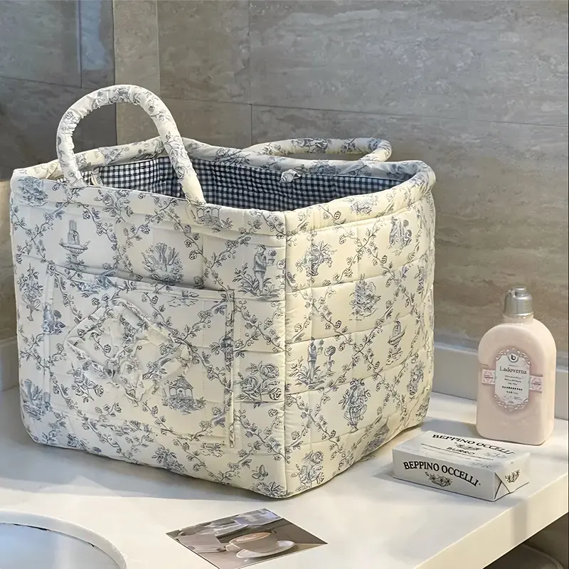 Large Capacity Car Storage Basket,Quilted Floral Fabric Trunk Organizer for Backseat Storage,Collapsible Car Organizer for Clothes,Blankets,Toys,Groceries & Road Trip Essentials,Machine Washable Car Accessories,Woven Storage Basket for Home & Organization