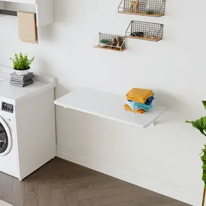 Wall Mounted Folding Table, Floating Desk for Laundry Room, Fold Down Table for Small Space, Foldable Wall Desk for Kitchen, Bathroom, Bedroom, White