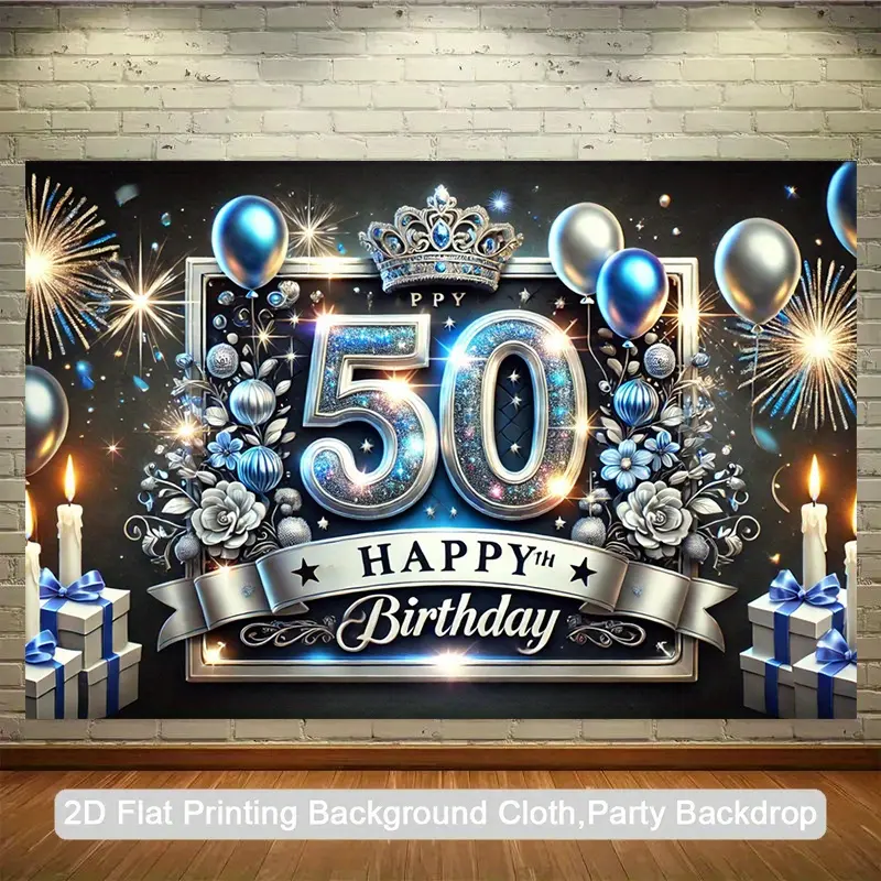 1pc Royal Blue & Golden Glitter Polyester Fabric Birthday Backdrop - Luxury Party Decor with Crown, Stars, Balloons - Heavy-Duty for 50th Birthday, Anniversary Photo Booth - Indoor/Outdoor White Banner