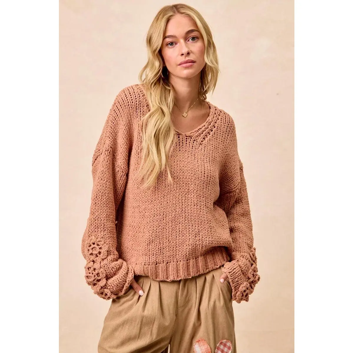 BiBi Chunky Knit Sweater with Flower Detail Sleeves