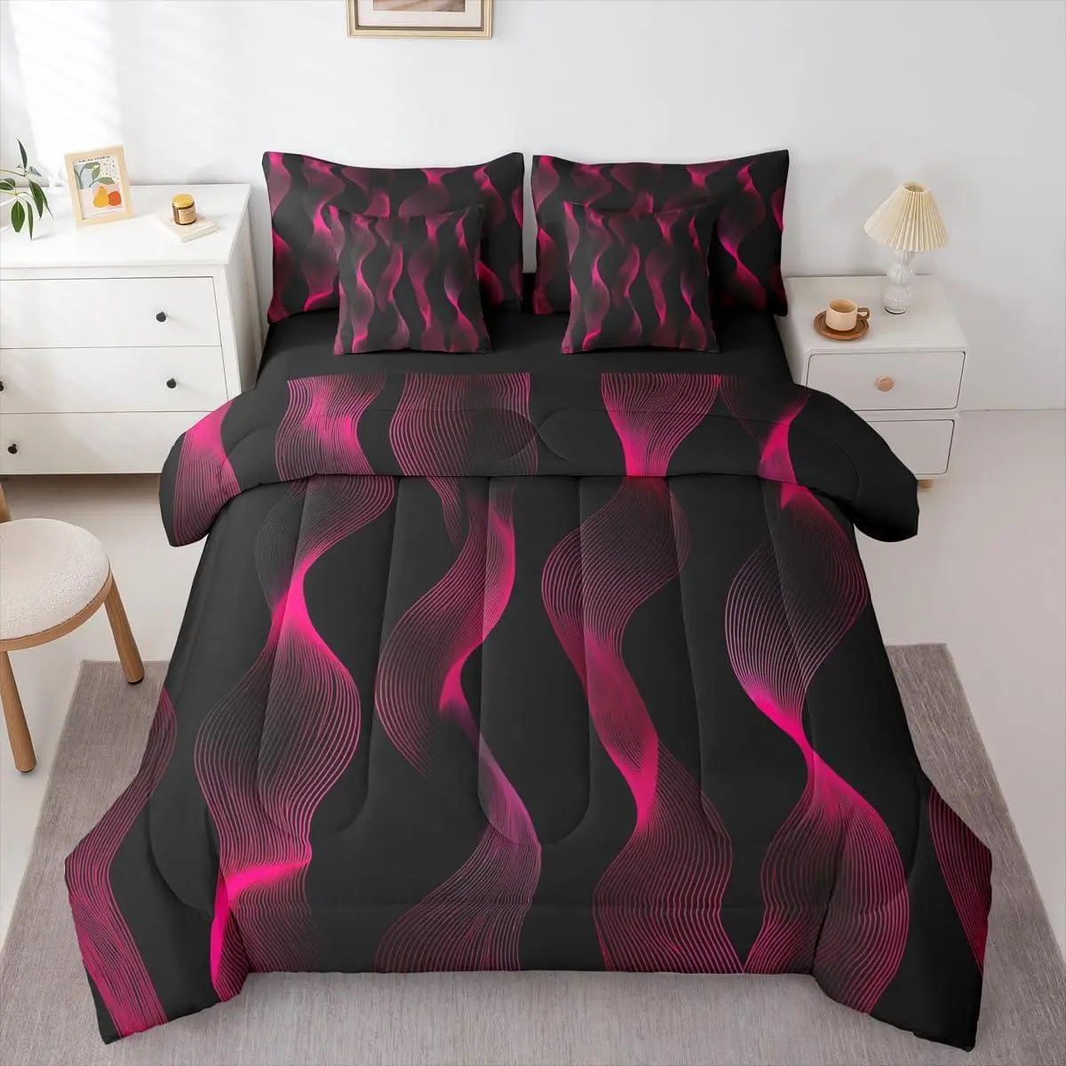Pink Black Striped 7 Piece Comforter Set,Bed in A Bag Ombre Geometric Bedding Set for Teens Adult Bedroom Modern Gradient Quilt Curved Lines Sheet Set with Comforter