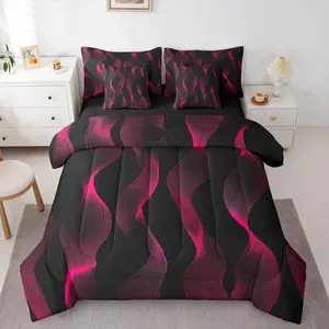 Pink Black Striped 7 Piece Comforter Set,Bed in A Bag Ombre Geometric Bedding Set for Teens Adult Bedroom Modern Gradient Quilt Curved Lines Sheet Set with Comforter