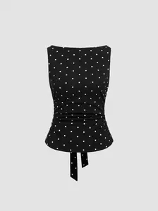 Cider Cotton-blend Boat Neck Knotted Polka Dot Ruched Tank Top
