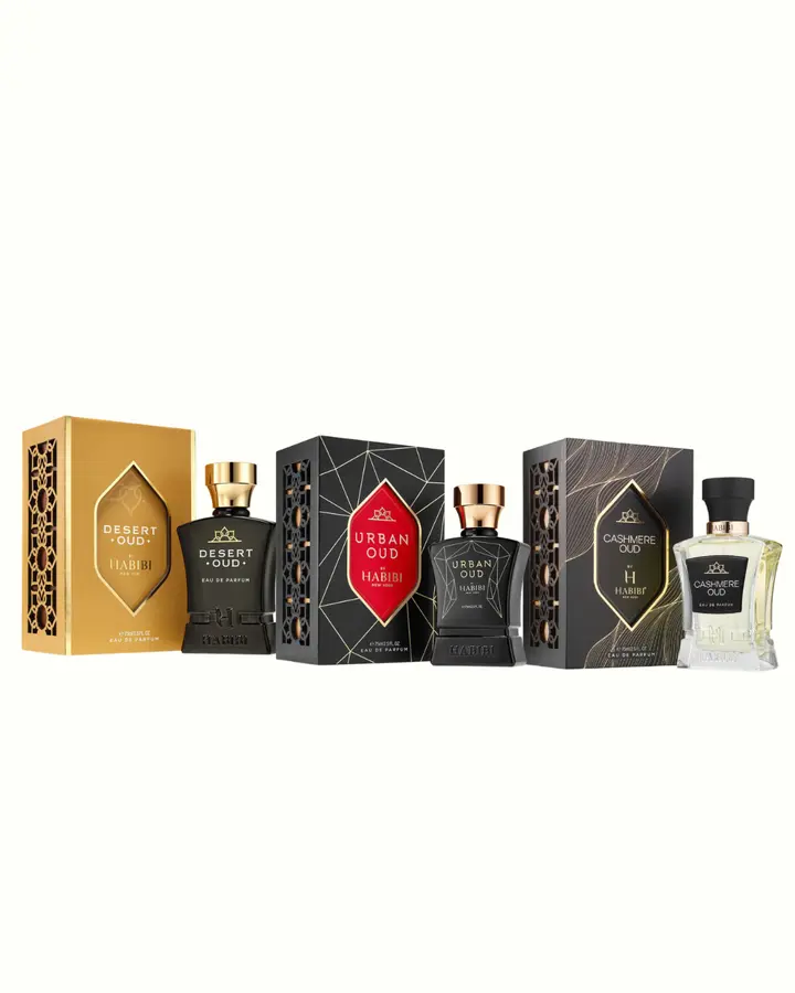 HABIBI NEW YORK Oud Explorer Trio, 3-Piece Captivating Fragrance Collection for Gifting, Includes Desert, Cashmere & Urban Oud Elixir, Captivating Oud
