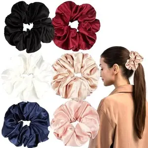 Pack of 4 Silk Scrunchies –Random color High Quality Adjustable Stretchable Hair Ties for Girls & Women (Red, Pink, Black, White) Thick & Long Hair Ponytail Holders