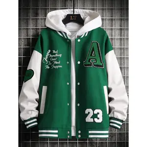 Alphabets Print Color Block Varsity Jackets, Men's Casual Baseball Collar Jacket Coat For Spring Fall